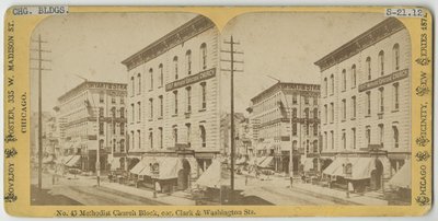 Stereograph of View of the Methodist Church Block at the Corner of Clark and Washington Streets, Chicago, 1871 by American Photographer